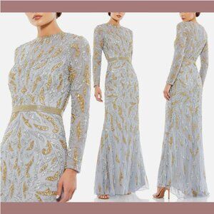 NWT $598 Mac Duggal [ 16 ] Beaded‎ Long Sleeve Evening Gown Platinum Gold #Q736
